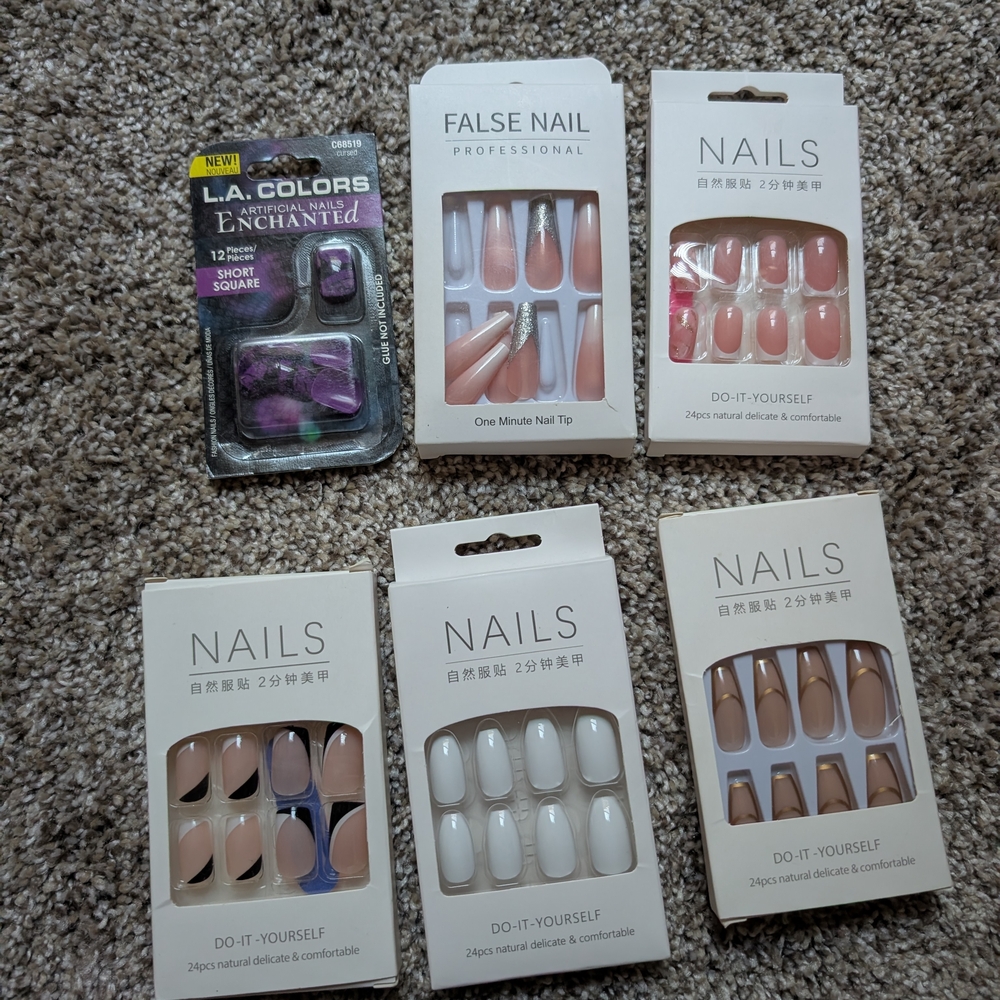New! 6 Packs Of Assorted False Nail Sets with Nail Polish